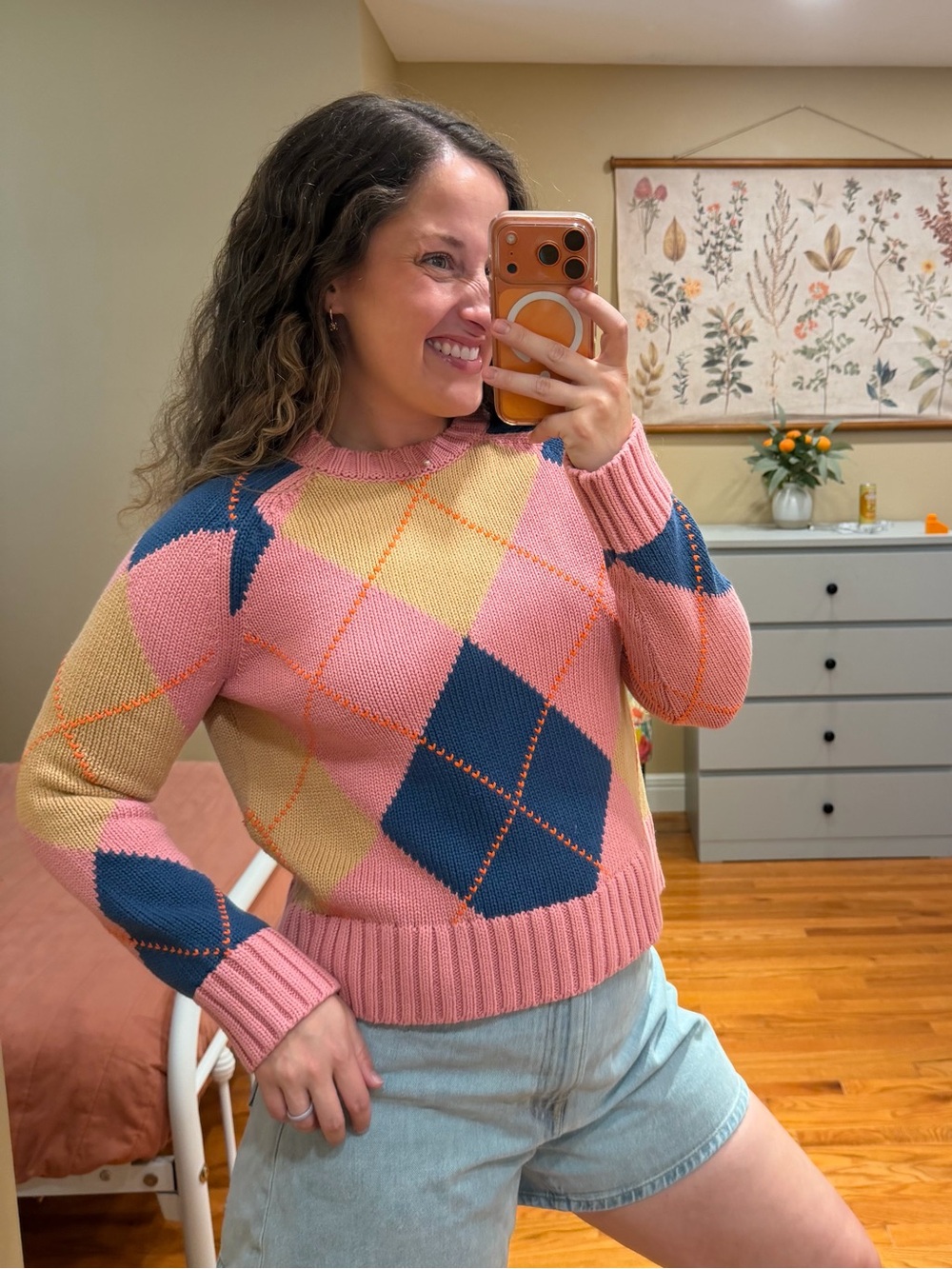 Boden Chunky Cotton Colorblock Argyle Crewneck Sweater - Pink/Blue/Yellow XS
